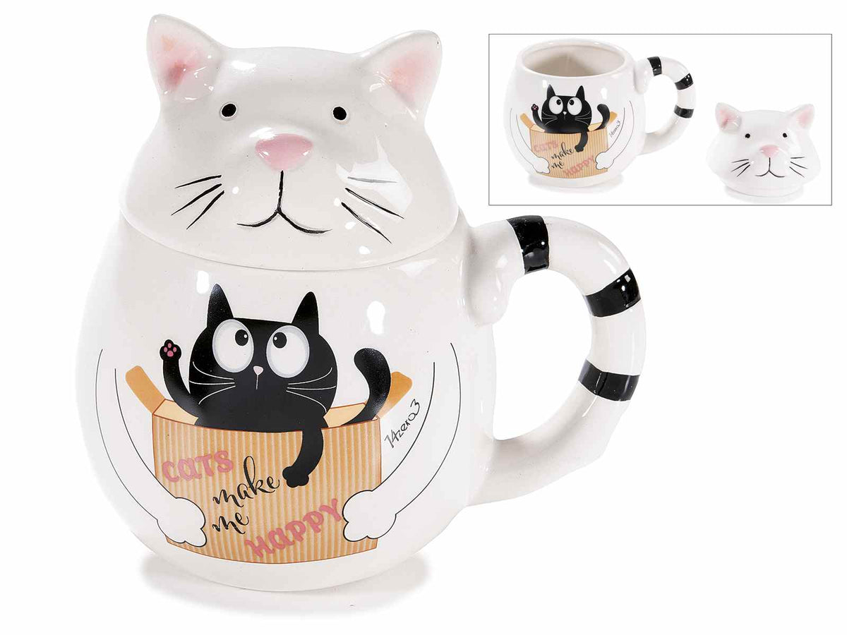 Tazze a forma di gatto in ceramica con coperchio in 3D, manico a coda, set da 3 pezzi, Tazza: Ø 10 cm x 8,5 H