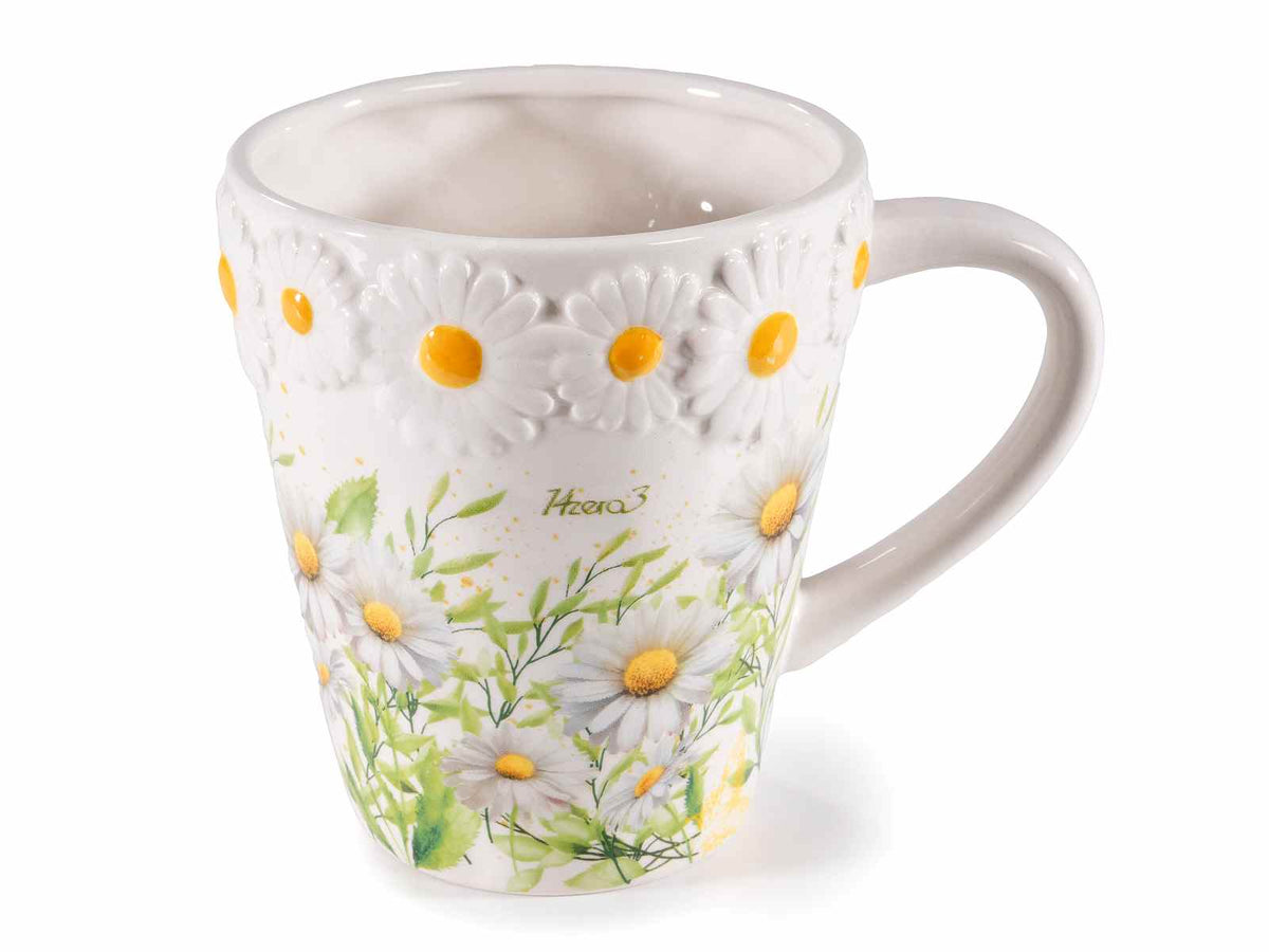 Tazze in ceramica con fiori / margherite in rilievo, set da 4 pezzi, Ø 10 cm x 11,5 H