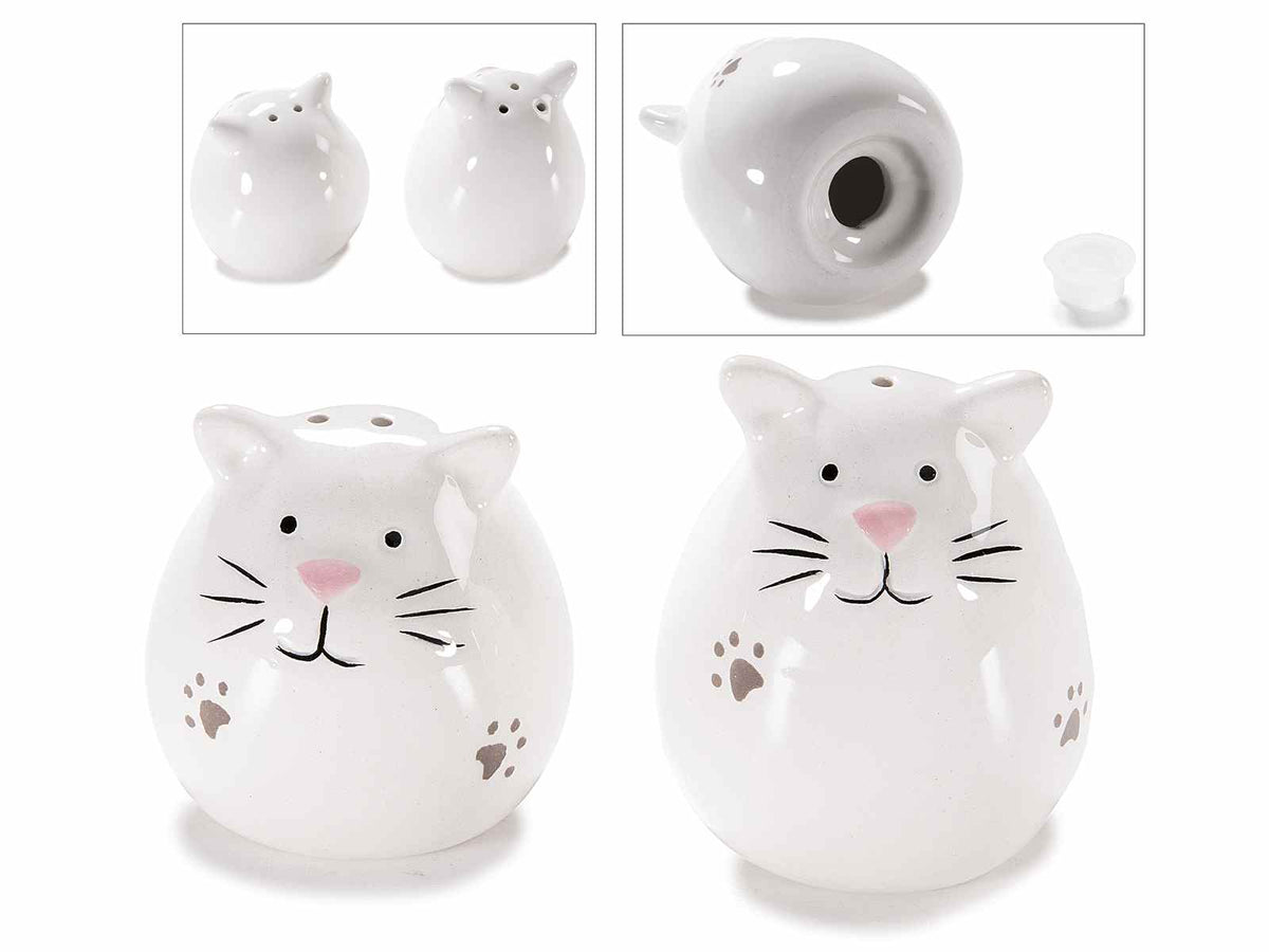 Set sale e pepe da cucina a forma di gattini in ceramica, set da 3 pezzi, Sale: Ø 5,5 cm x 7 H