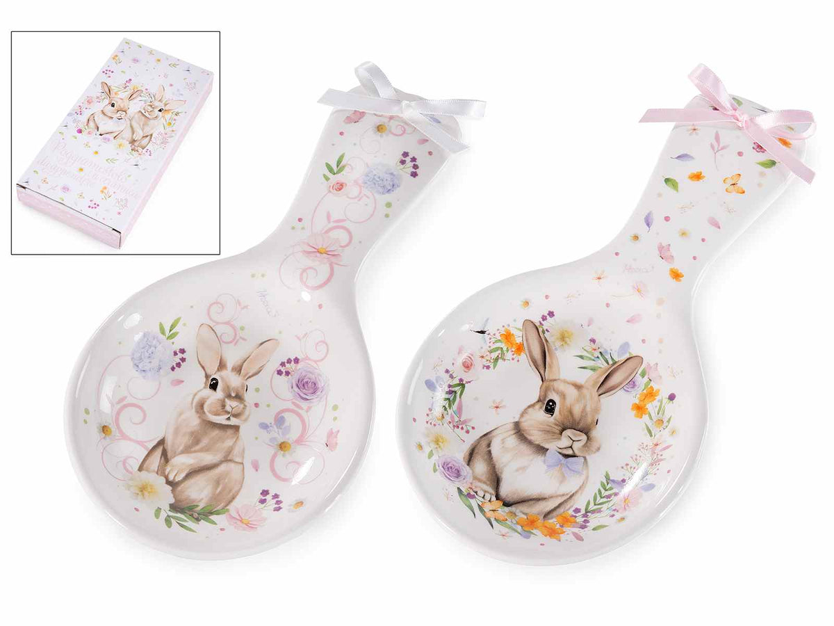 Poggiamestolo di Pasqua in ceramica con stampa coniglietti, fiocchetto, set da 8 pezzi, cm 11,5 x 24 H