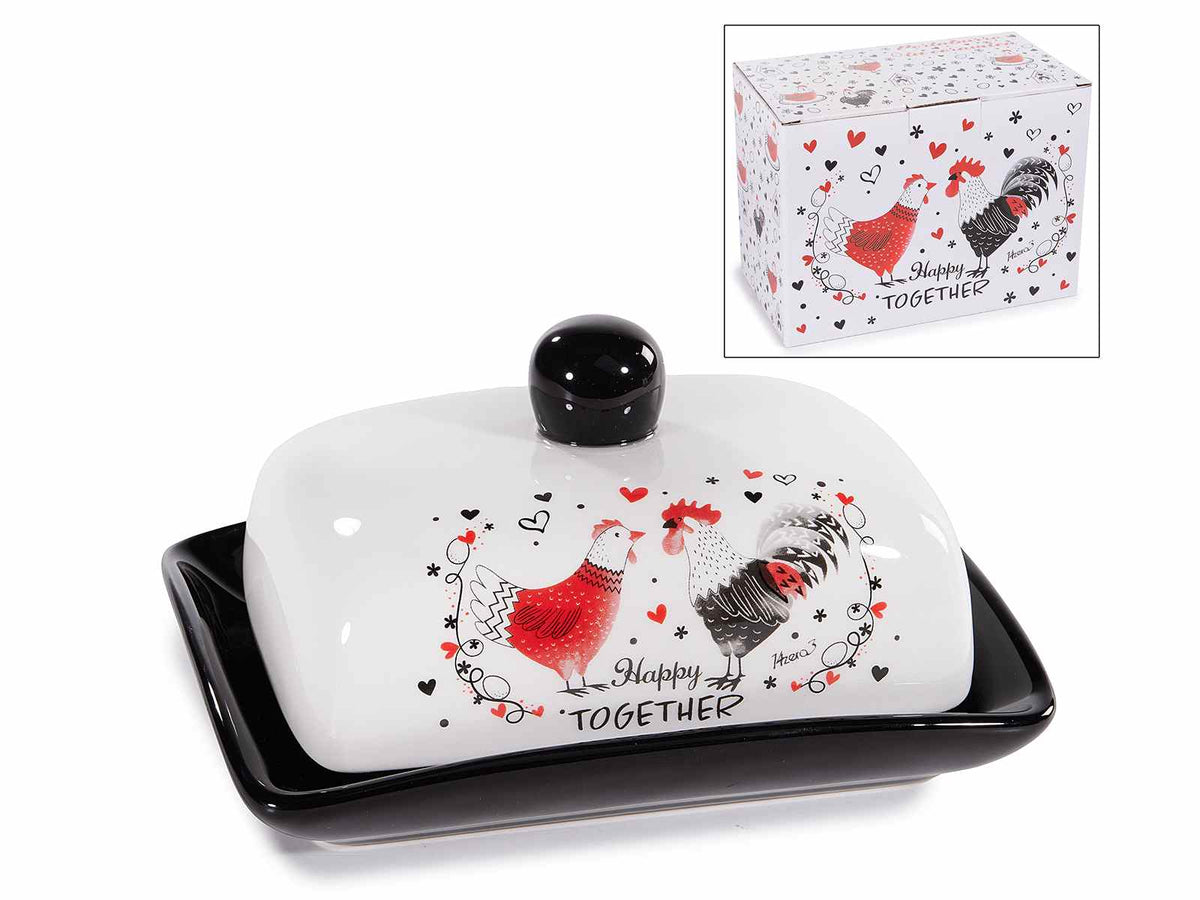 Vassoio portaburro con coperchio in ceramica con stampa gallinelle e confezione, set da 4 pezzi, cm 17 x 12 x 8,5 H