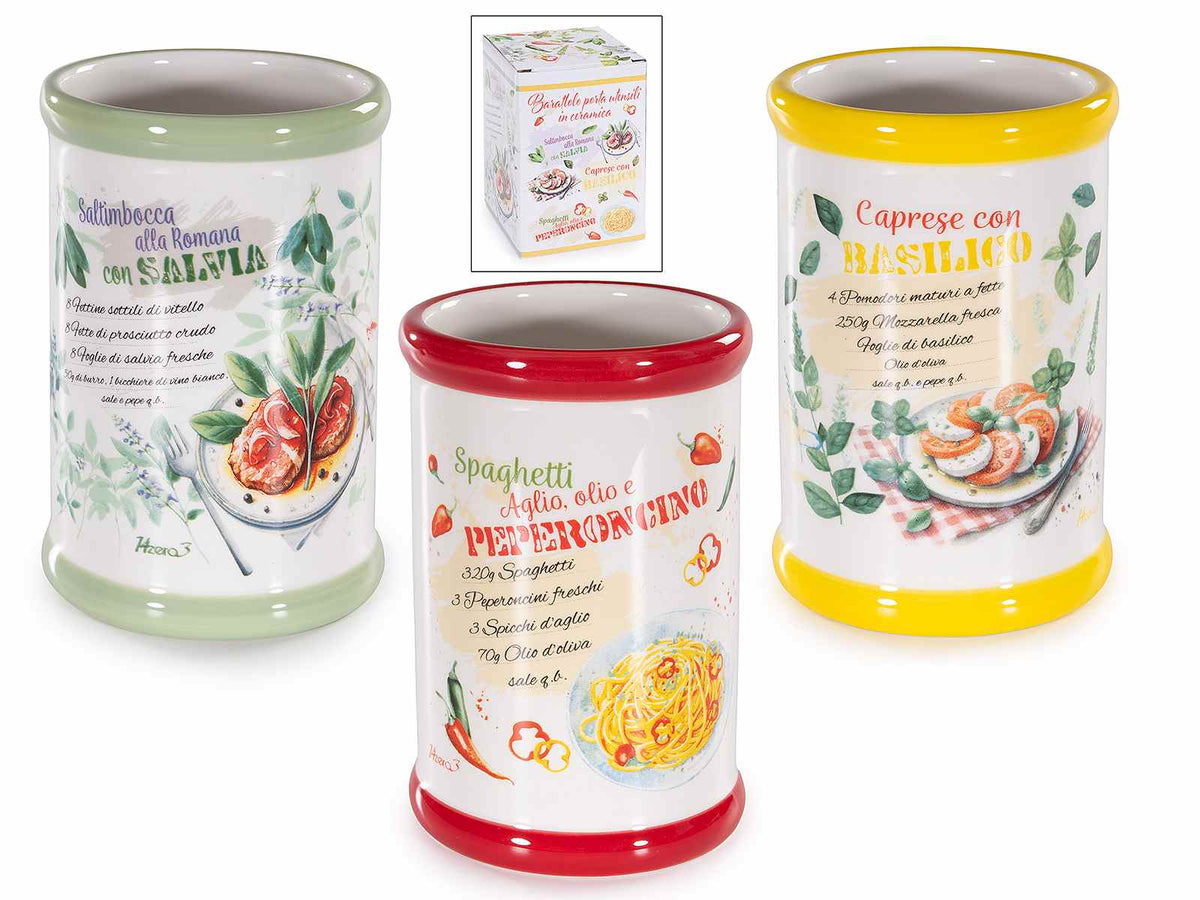 Porta utensili da cucina in ceramica in confezione regalo con stampa a tema, set da 6 pezzi, Ø 8 cm x 12,5 H