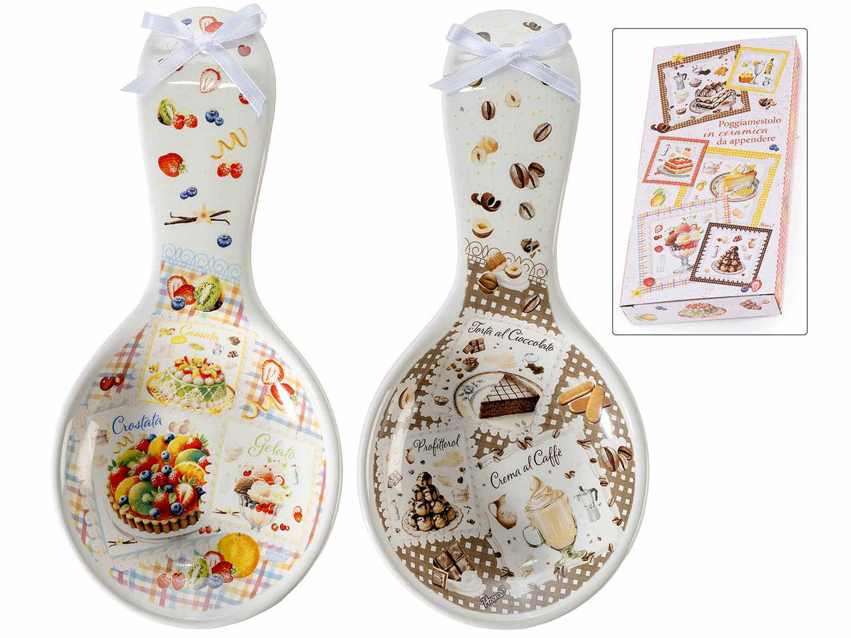 Poggiamestolo da cucina in ceramica con stampa dolci, fiocchetto e confezione, set da 8 pezzi, cm 11,5 x 24 H