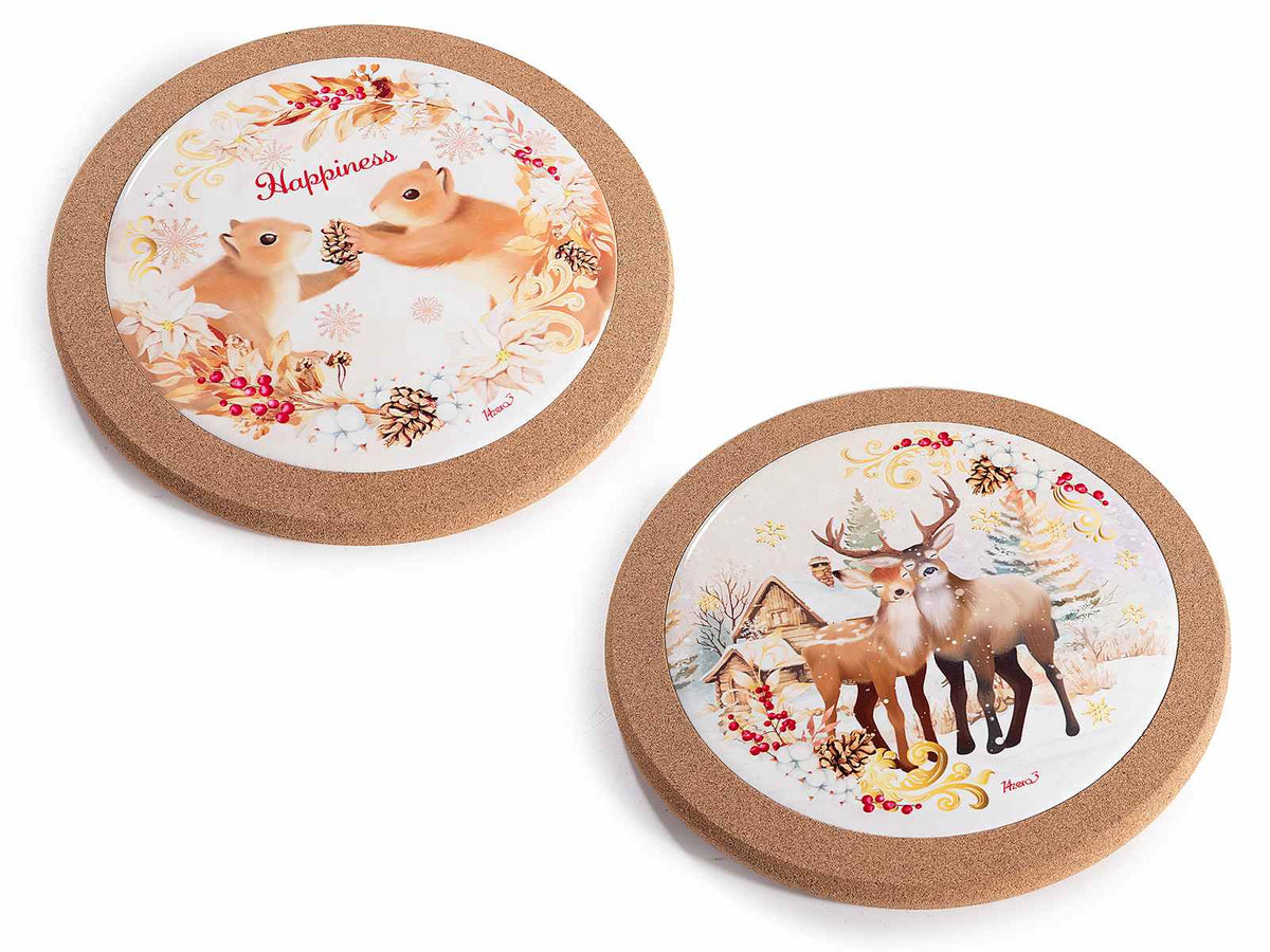Sottopentola di Natale in ceramica lucida su base sughero con decorazioni, set da 6 pezzi, Ø 19,5 cm