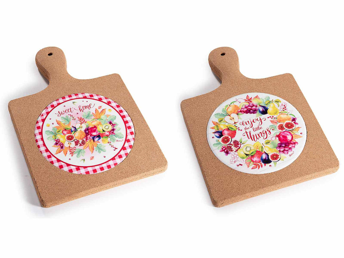 Sottopentola in ceramica lucida decorata con fantasia frutti e sughero, set da 6 pezzi, cm 19 x 28,5 H