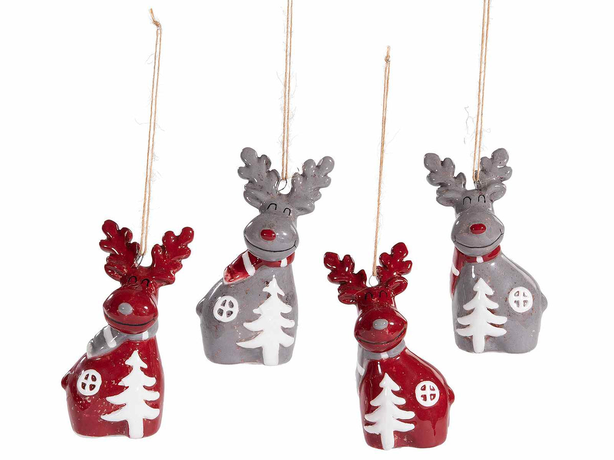 Addobbi a renne di Natale in ceramica colorata decori in rilievo da appendere, set da 8 pezzi, cm 6 x 4 x 9,5 H