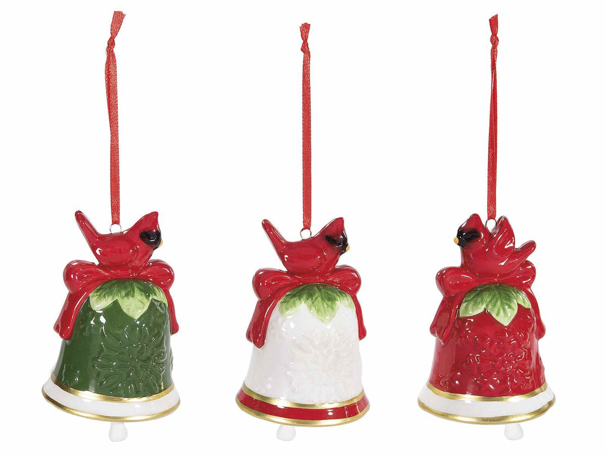 Addobbi albero a campanelle di Natale in ceramica con uccellino e fiocchetto, set da 6 pezzi, Ø 6 cm x 8,5 H