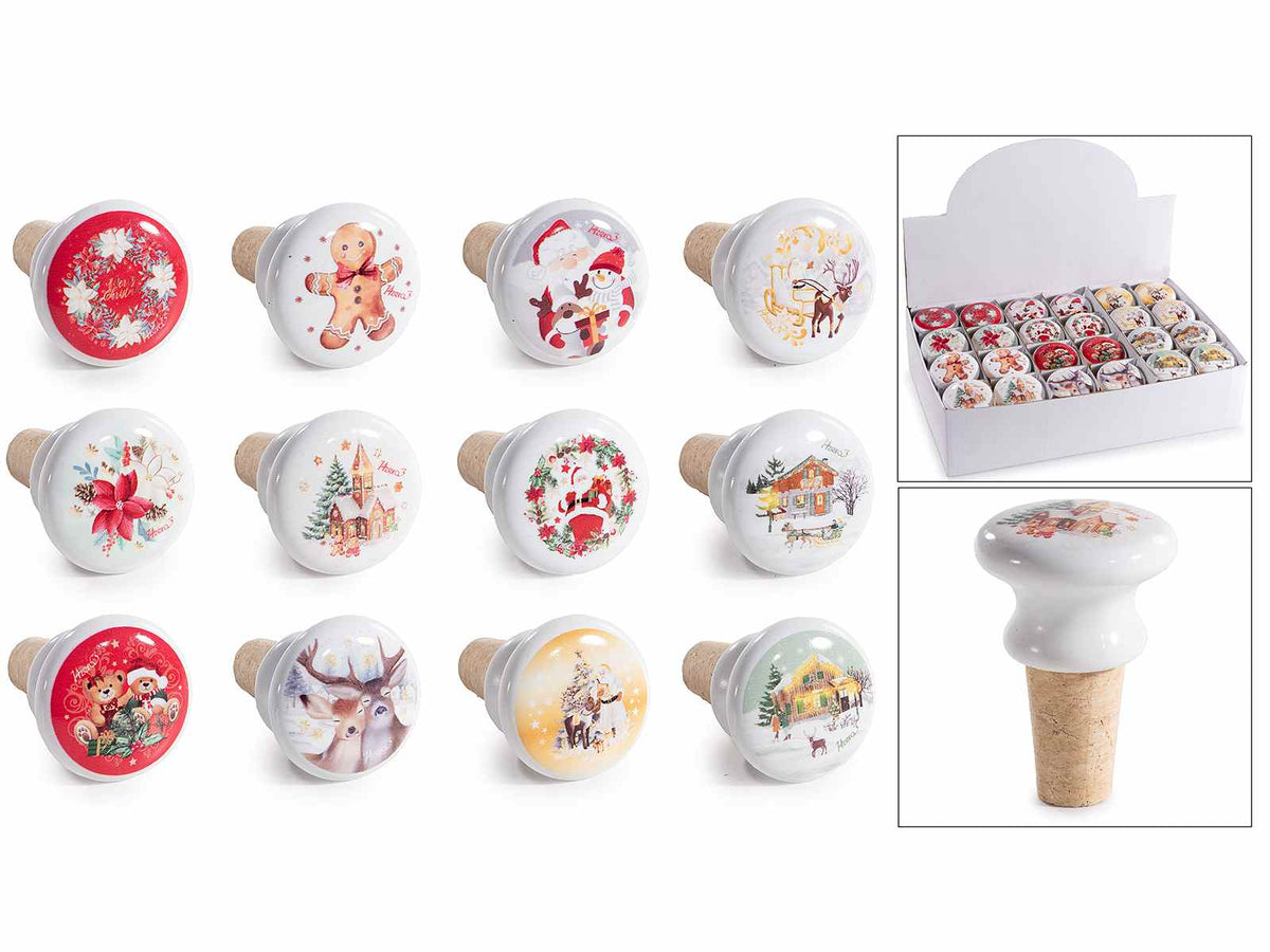 Tappi natalizi in sughero e ceramica lucida con decori a tema natale, set da 24 pezzi, Ø 4 cm x 3 H (con tappo 6)