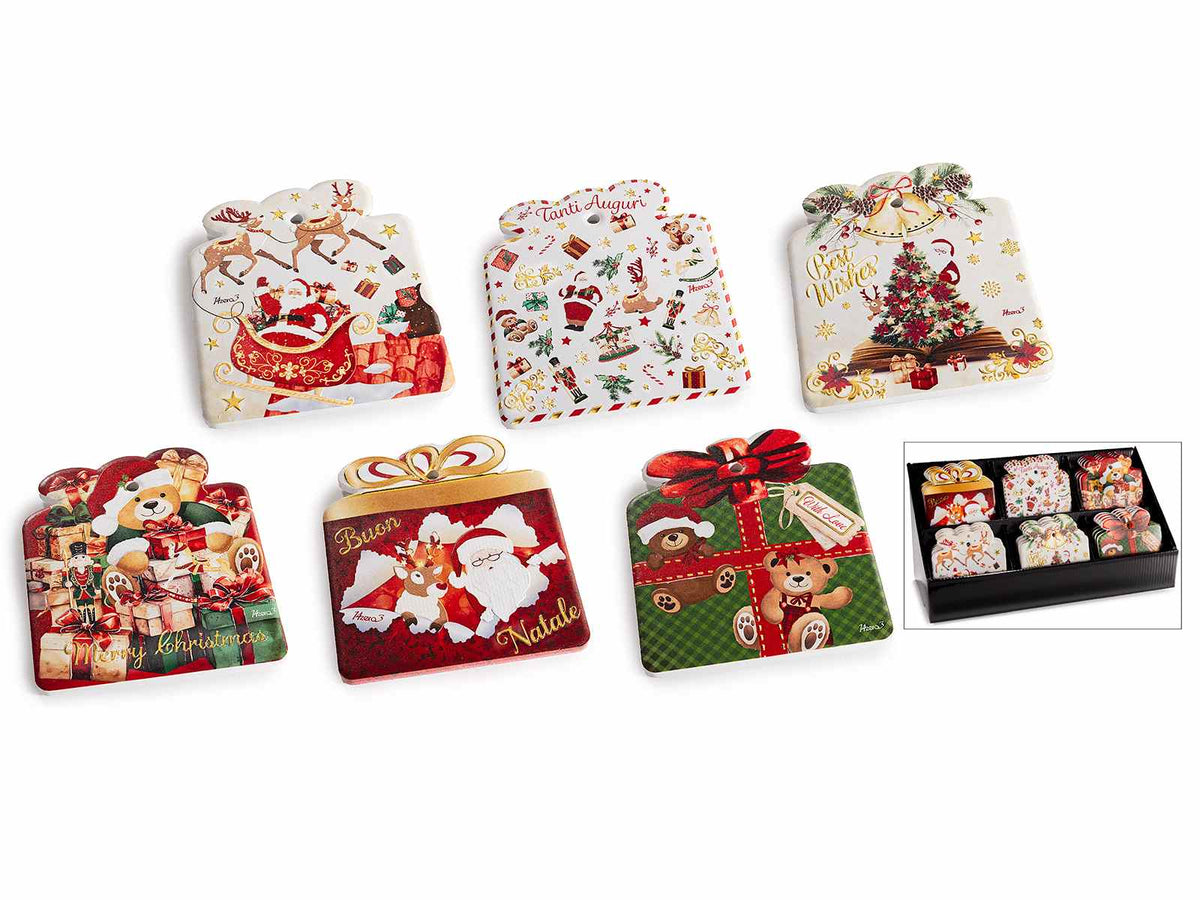 Sottobicchiere natalizio in ceramica lucida con dettagli oro, rilievi e su base, set da 24 pezzi, cm 10 x 11 H