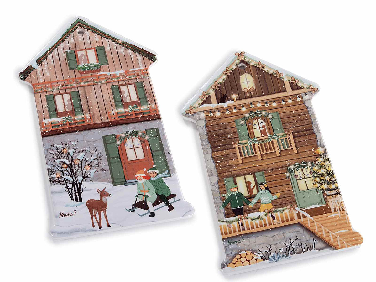 Sottopentola di Natale a forma di casetta in ceramica lucida su base sughero, set da 6 pezzi, cm 15 x 25 H