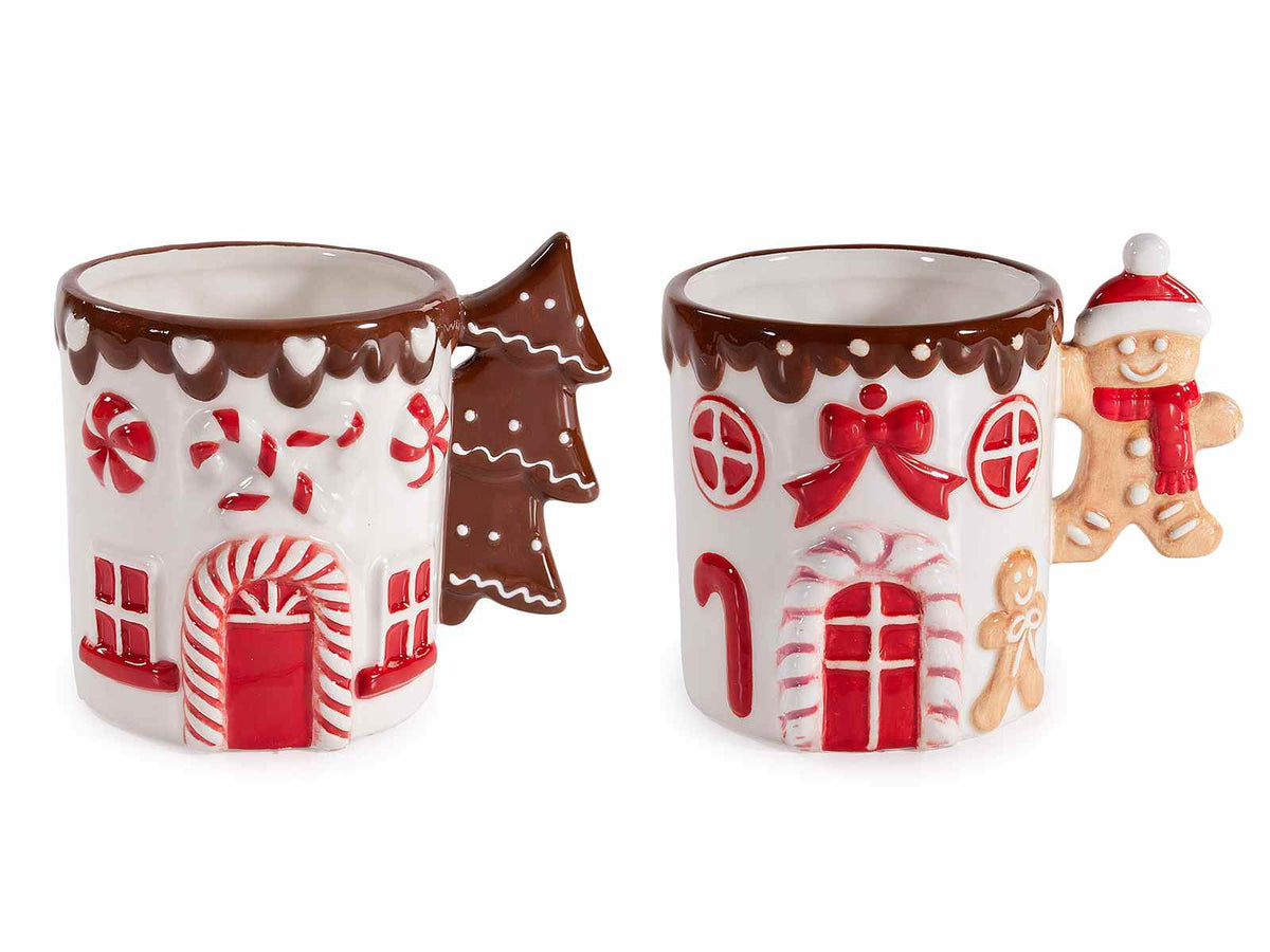 Set di 2 tazze di Natale in ceramica con decori biscottini casetta pan di zenzero in rilievo e manico sagomato, Ø 9,5 cm x 10 H