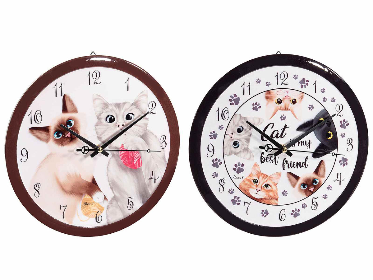 Orologi da parete in ceramica con fantasia gatti, scritte a tema e decorazioni, set da 2 pezzi, Ø 25 cm
