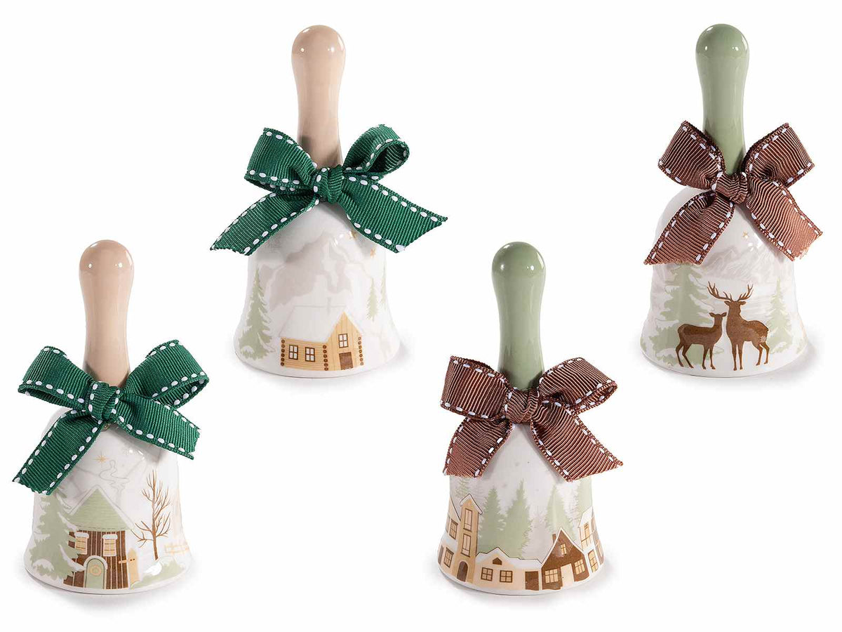 Campanelle natalizie in ceramica con fiocco e decorazione villaggio natalizio, set da 8 pezzi, Ø 5 cm x 10 H