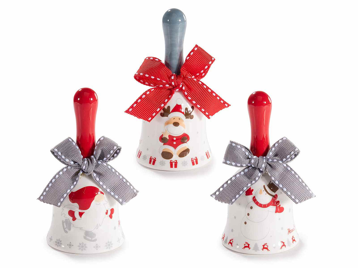 Campanelle di Natale in ceramica con fiocco con fiocco con decorazione pupazzo, set da 6 pezzi, Ø 5 cm x 10 H