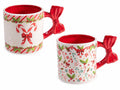 Tazze di Natale in ceramica con manico a fiocco rosso e motivi natalizi stampati, set da 4 pezzi, Ø 9 cm x 9,5 H