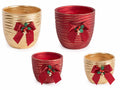 Vasi di Natale in ceramica con decoro agrifoglio, fiocco rosso e campanella, set da 2 pezzi, Grande: Ø 15 cm x 13,5 H