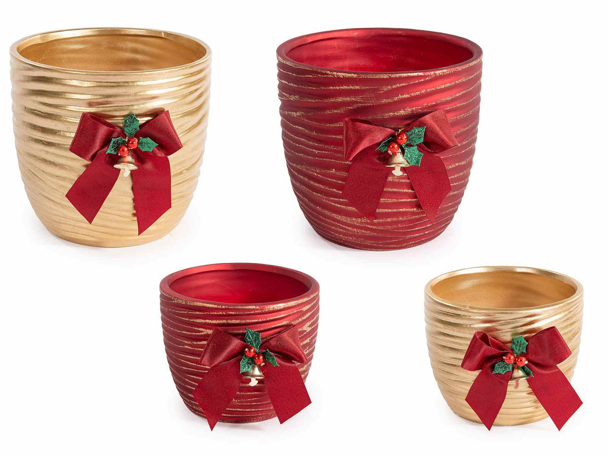 Vasi di Natale in ceramica con decoro agrifoglio, fiocco rosso e campanella, set da 2 pezzi, Grande: Ø 15 cm x 13,5 H
