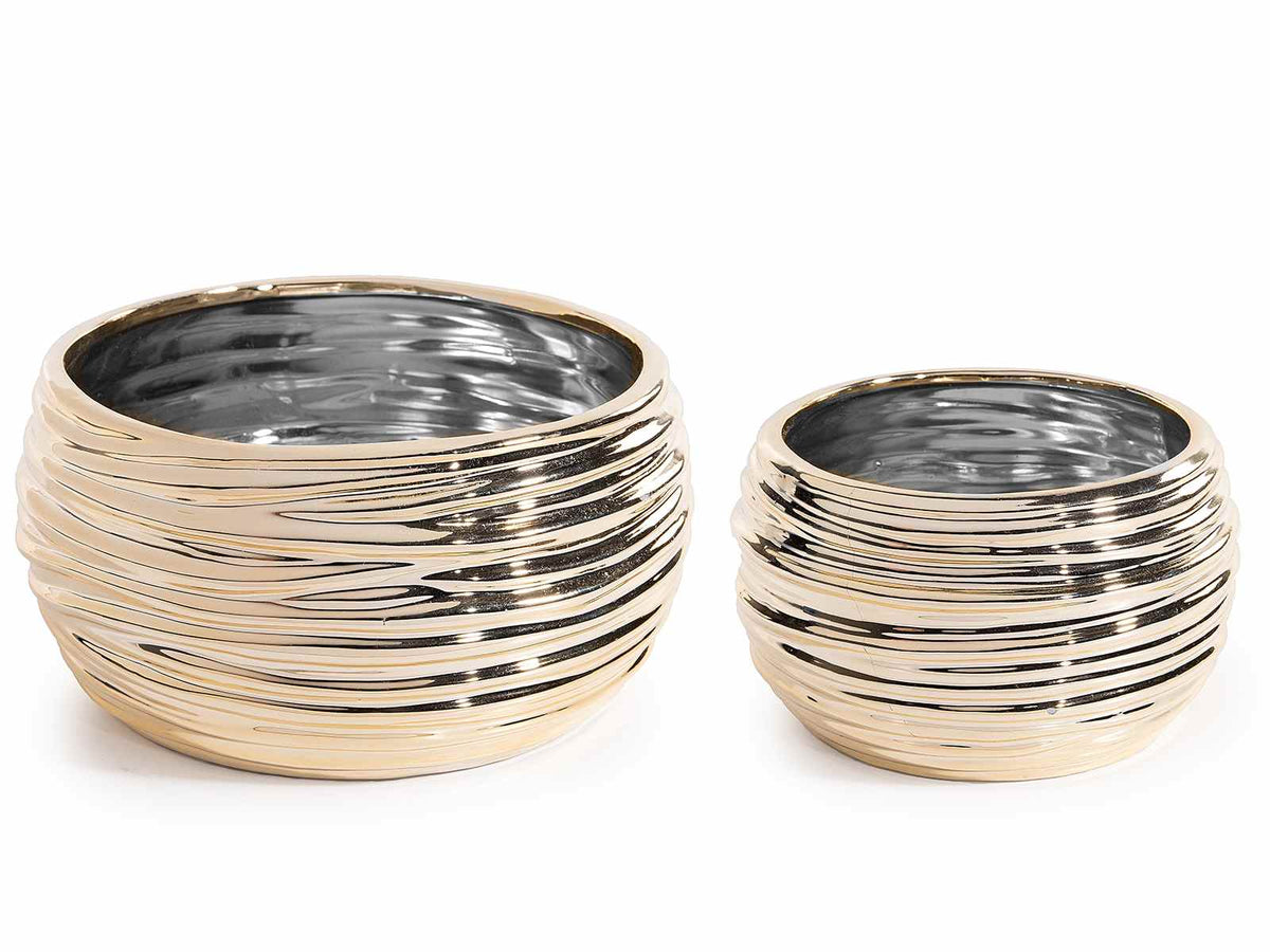 Set di 2 vasi in ceramica dorata lavorata, 21 e 16 cm