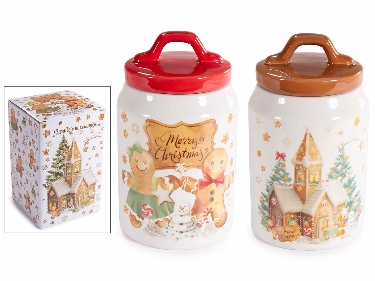 Barattoli / contenitori / biscottiere alimentari in ceramica con decori omini, set da 4 pezzi, Ø 10 cm x 17 H