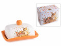 Vassoio portaburro con coperchio in ceramica con stampa autunnale animaletti, set da 4 pezzi, cm 17 x 12 x 8,5 H