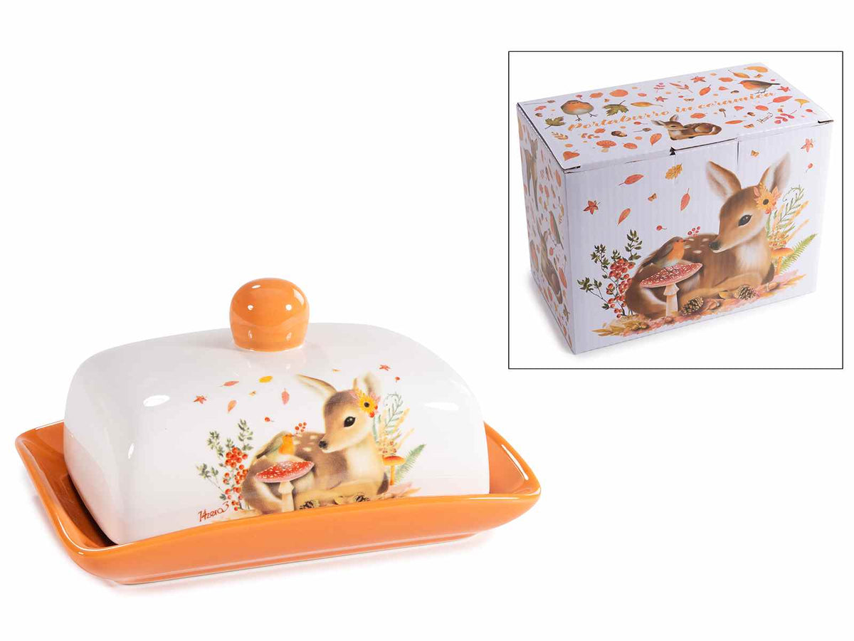 Vassoio portaburro con coperchio in ceramica con stampa autunnale animaletti, set da 4 pezzi, cm 17 x 12 x 8,5 H