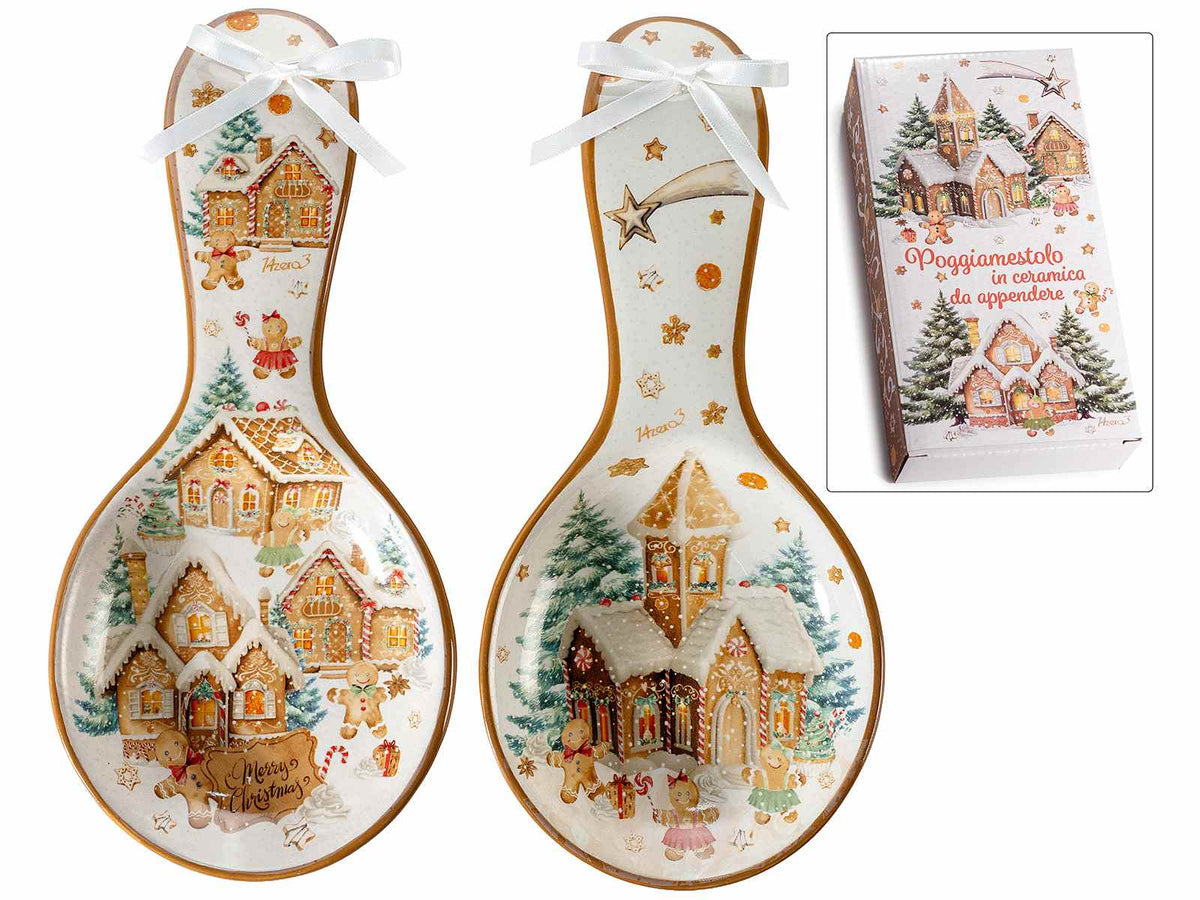 Poggiamestolo per la cucina di Natale realizzato in ceramica decorata, set da 8 pezzi, cm 11,5 x 24,5 H