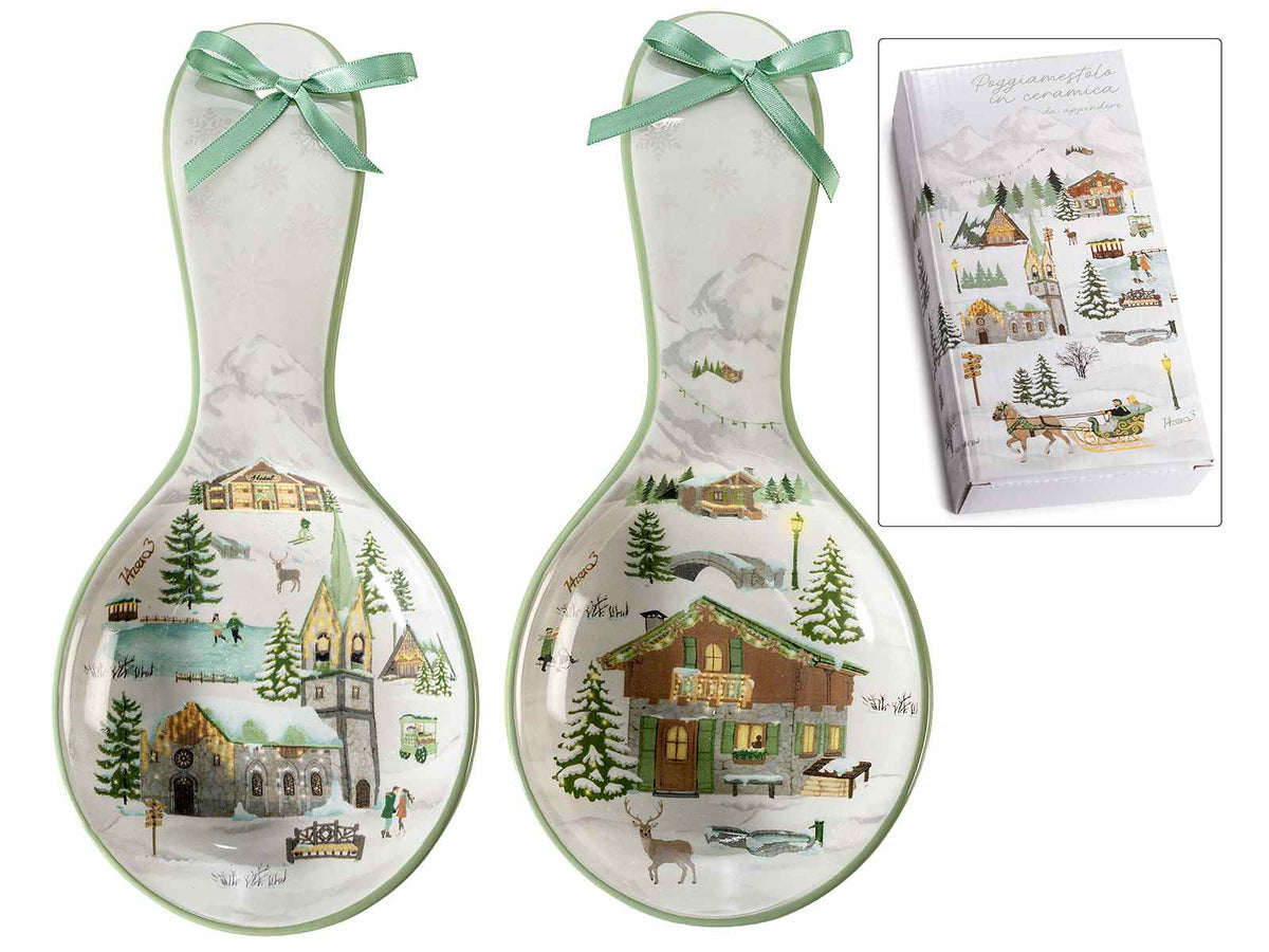 Poggiamestolo per la cucina di Natale realizzato in ceramica decorata, set da 8 pezzi, cm 11,5 x 24,5 H