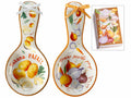 Poggiamestolo da cucina in ceramica con fiocco, fantasia frutti dell'orto, set da 8 pezzi, cm 11,5 x 24,5 H