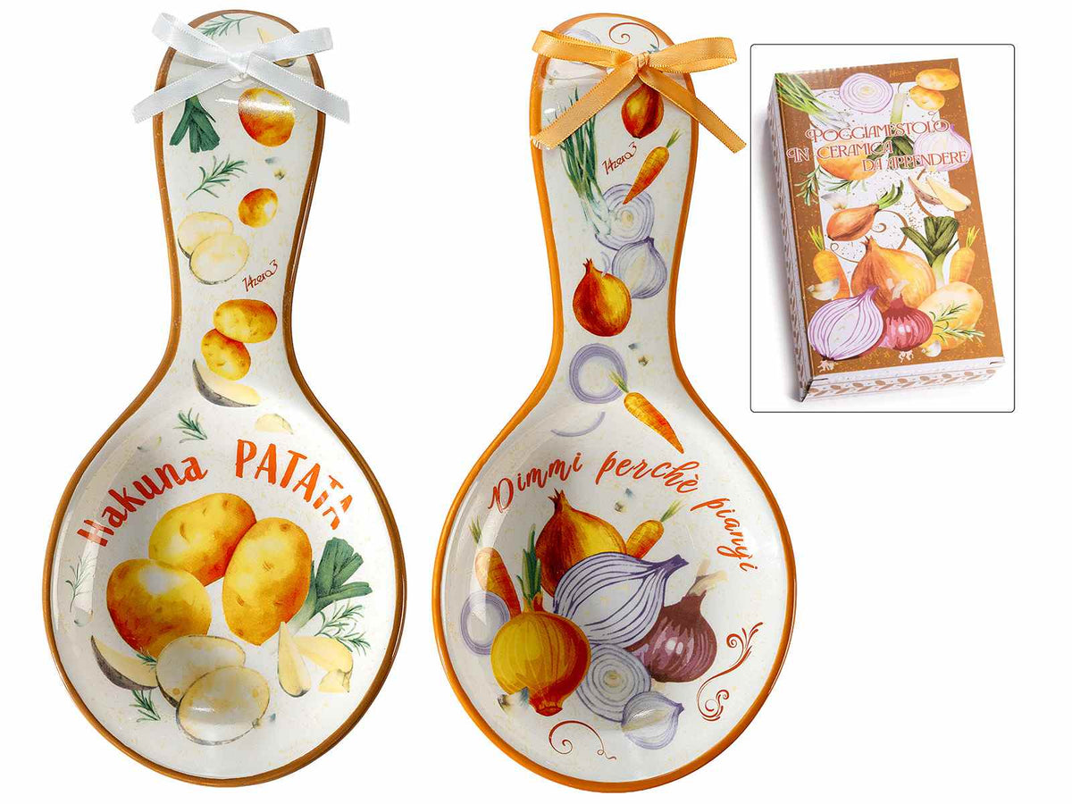 Poggiamestolo da cucina in ceramica con fiocco, fantasia frutti dell'orto, set da 8 pezzi, cm 11,5 x 24,5 H