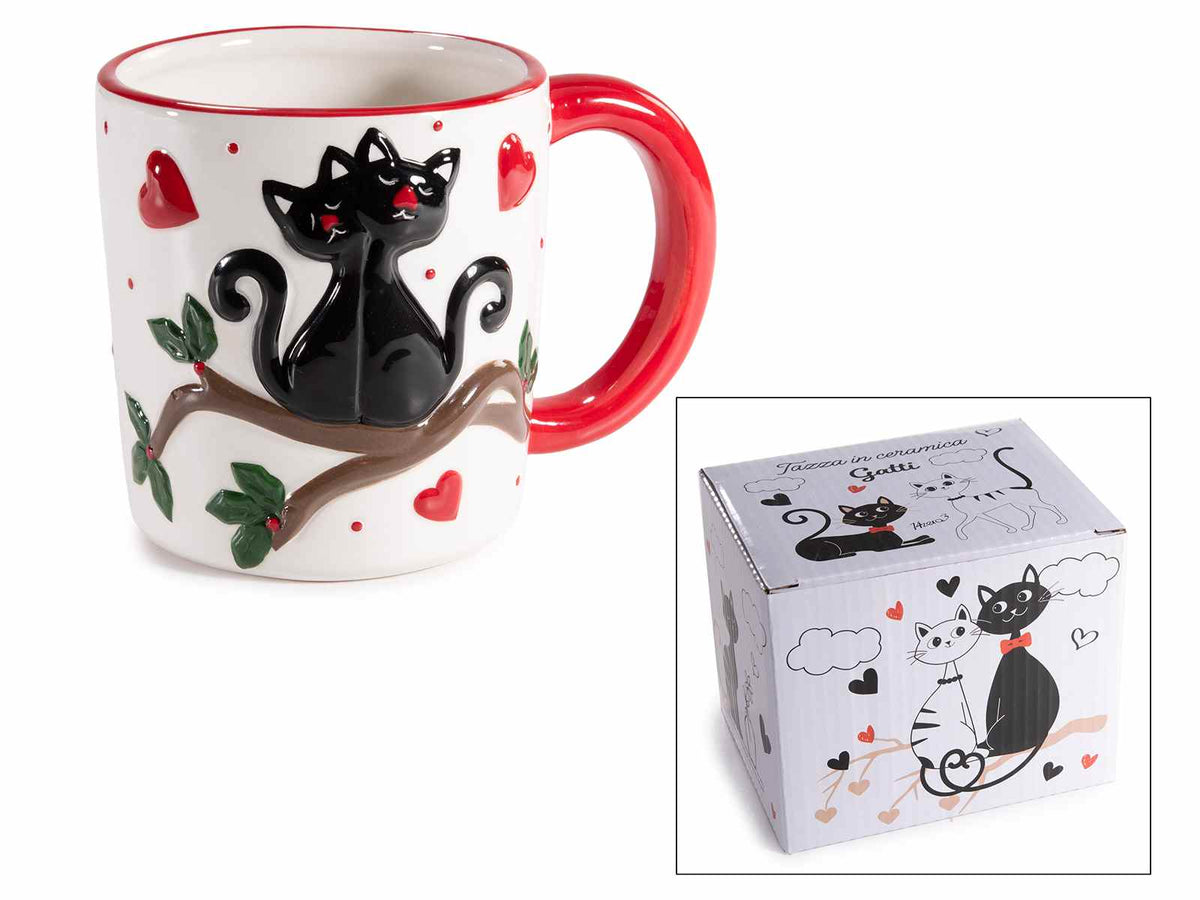 Tazze in ceramica con decoro gatti e cuoricini rossi in rilievo in confezione, set da 4 pezzi, Ø 8,5 cm x 9 H
