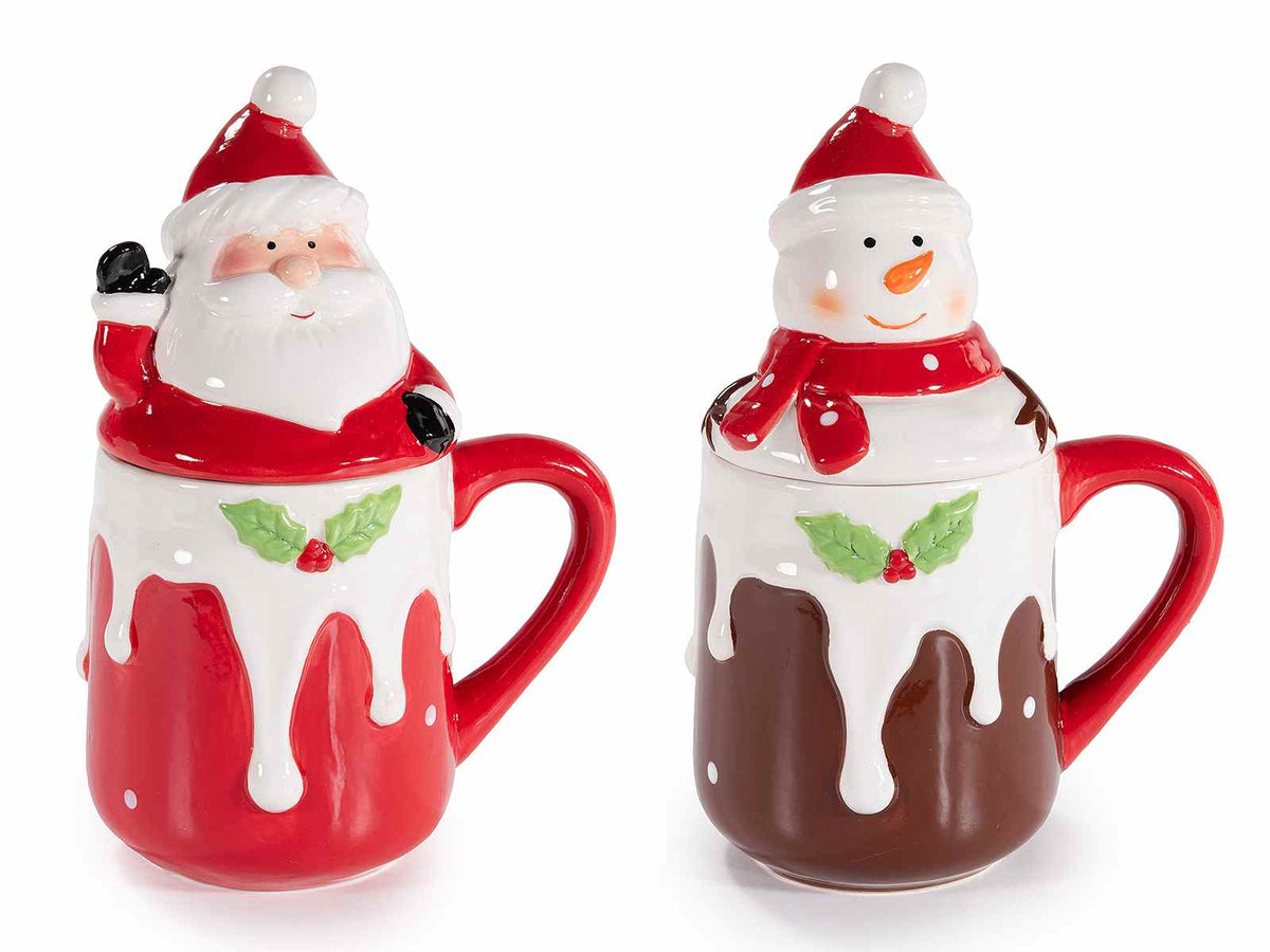 Tazze natalizie decorate con effetto colata dolcetto, agrifoglio e Babbo Natale, set da 4 pezzi, Ø 9 cm x 10 H