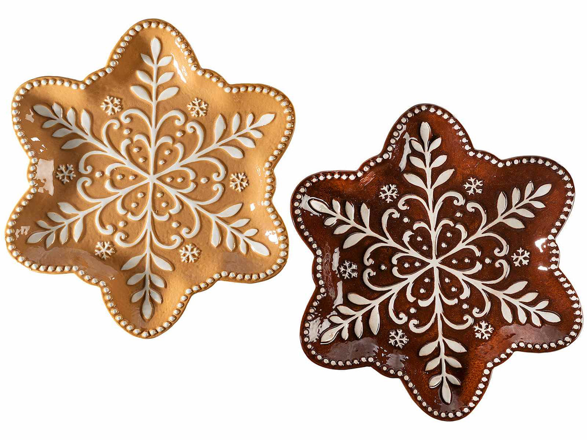 Piatti / vassoi natalizi ad uso alimentare in ceramica a forma di stella pan di zenzero con decori in rilievo, set da 2 pezzi, cm 25,5 x 23 H