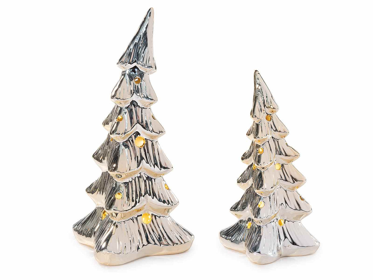 Alberi natalizi decorativi in ceramica dorata con luci LED in set da due pezzi, Grande: cm 13x13,5x24,5 H