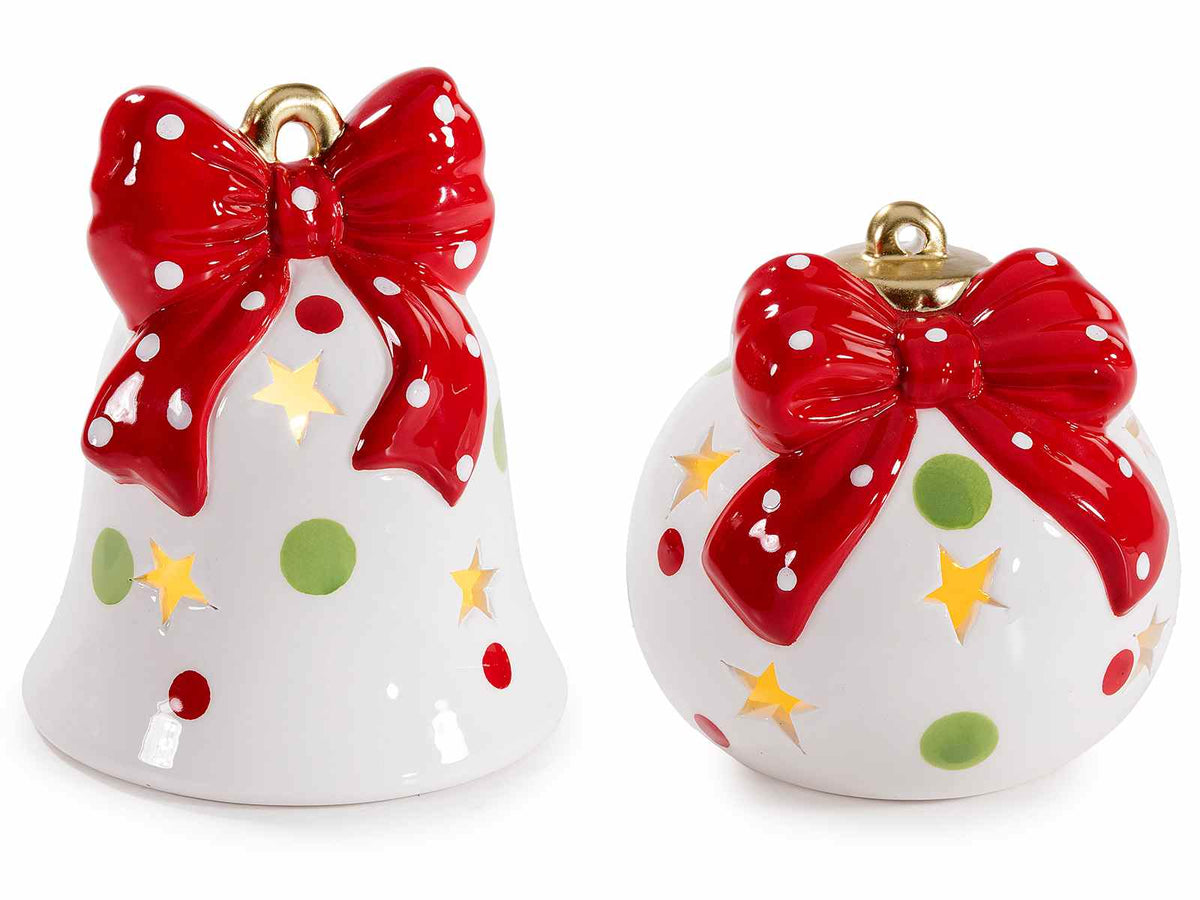 Campana e pallina di Natale decorative con fiocco, luci LED, intagli a stelline, set da 4 pezzi, Ø 11 cm x 13 H