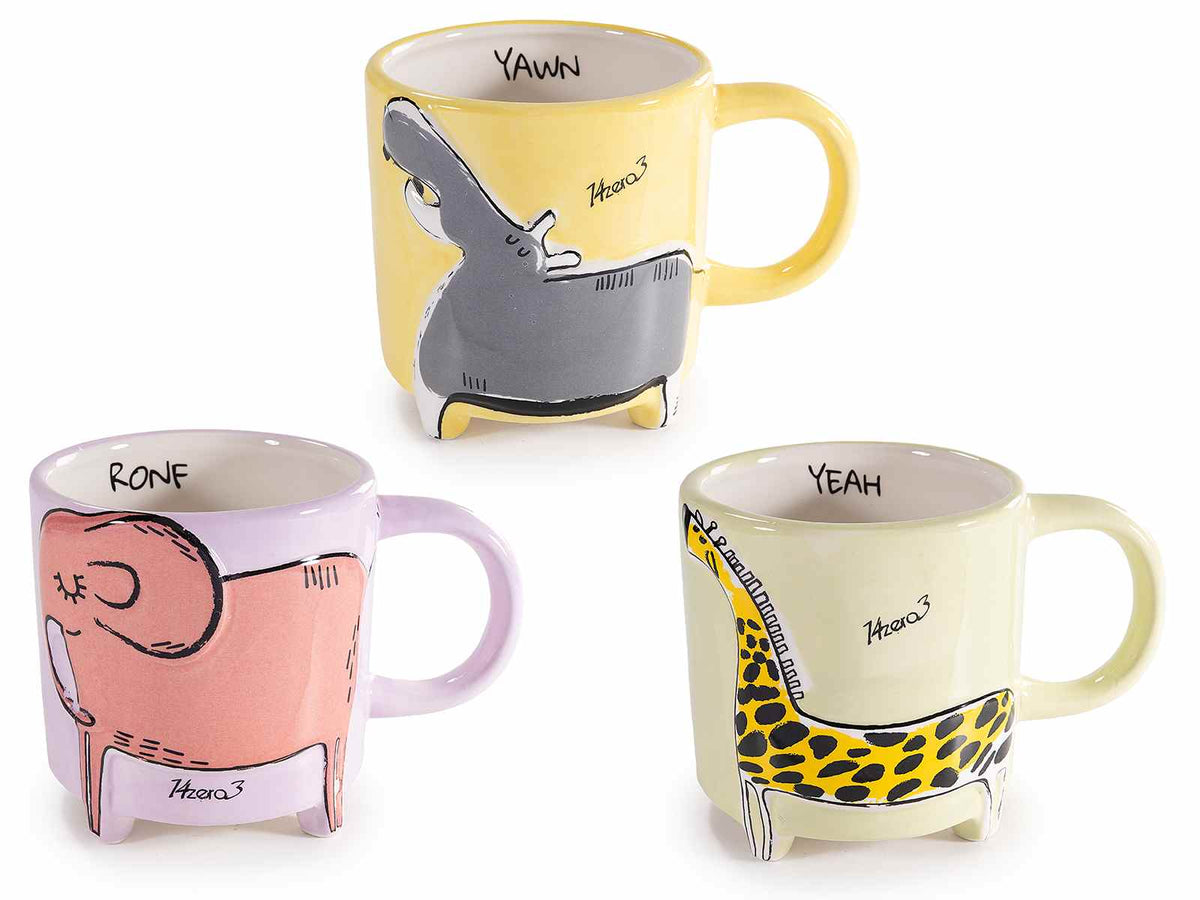 Tazze in ceramica colorata 480ml con animaletti della savana: elefante, set da 6 pezzi, Ø 9,5 cm x 10 H
