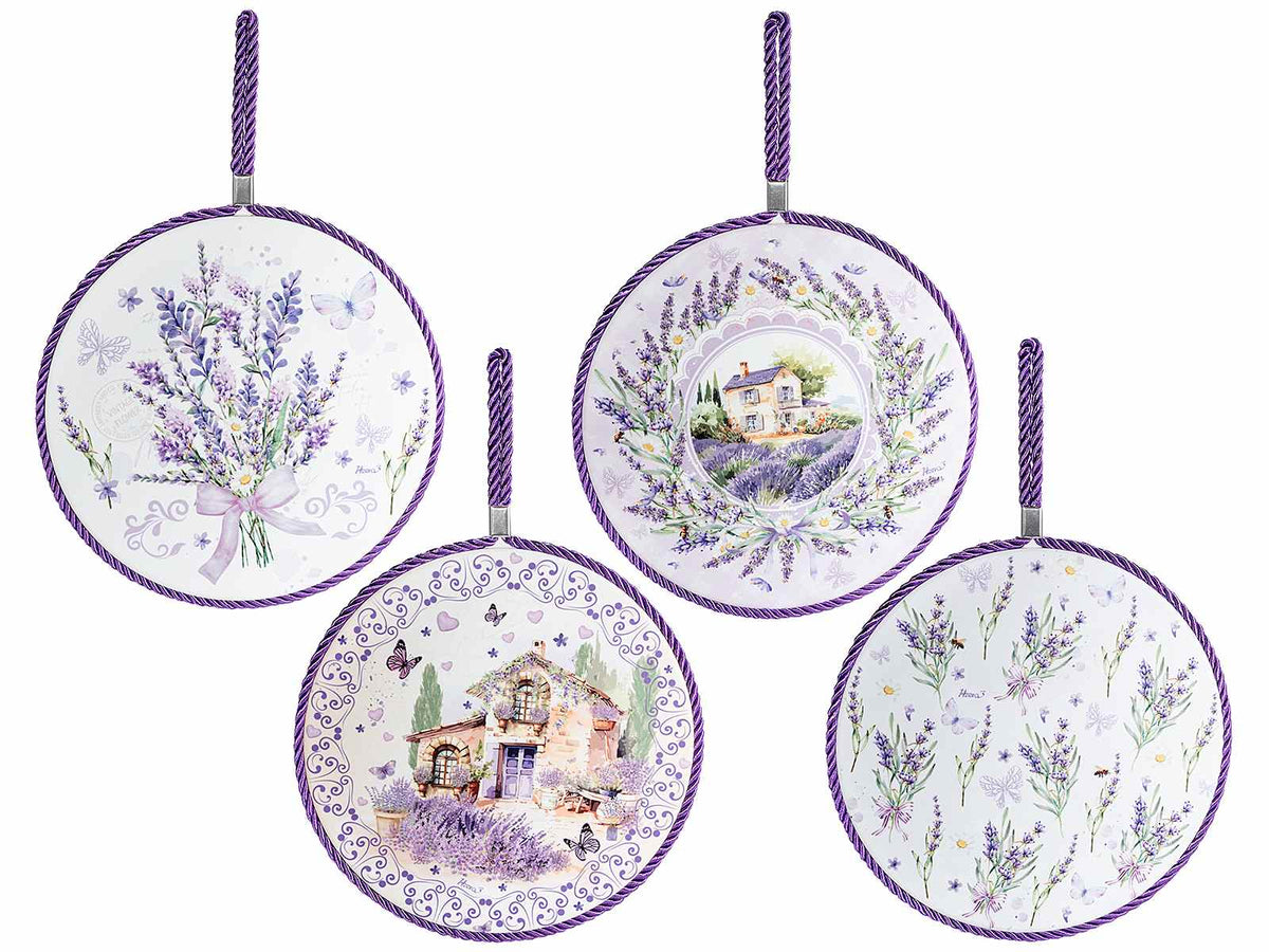 Sottopentola in ceramica con base in sughero e decori lavanda, set da 8 pezzi, Ø 19 cm