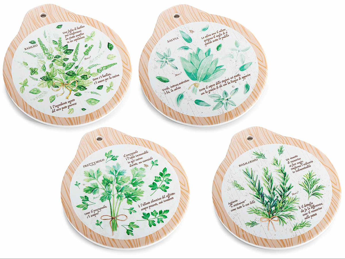 Sottopentola in ceramica con rilievo e stampa erbe, base sughero, set da 8 pezzi, cm 19,5 x 22 H