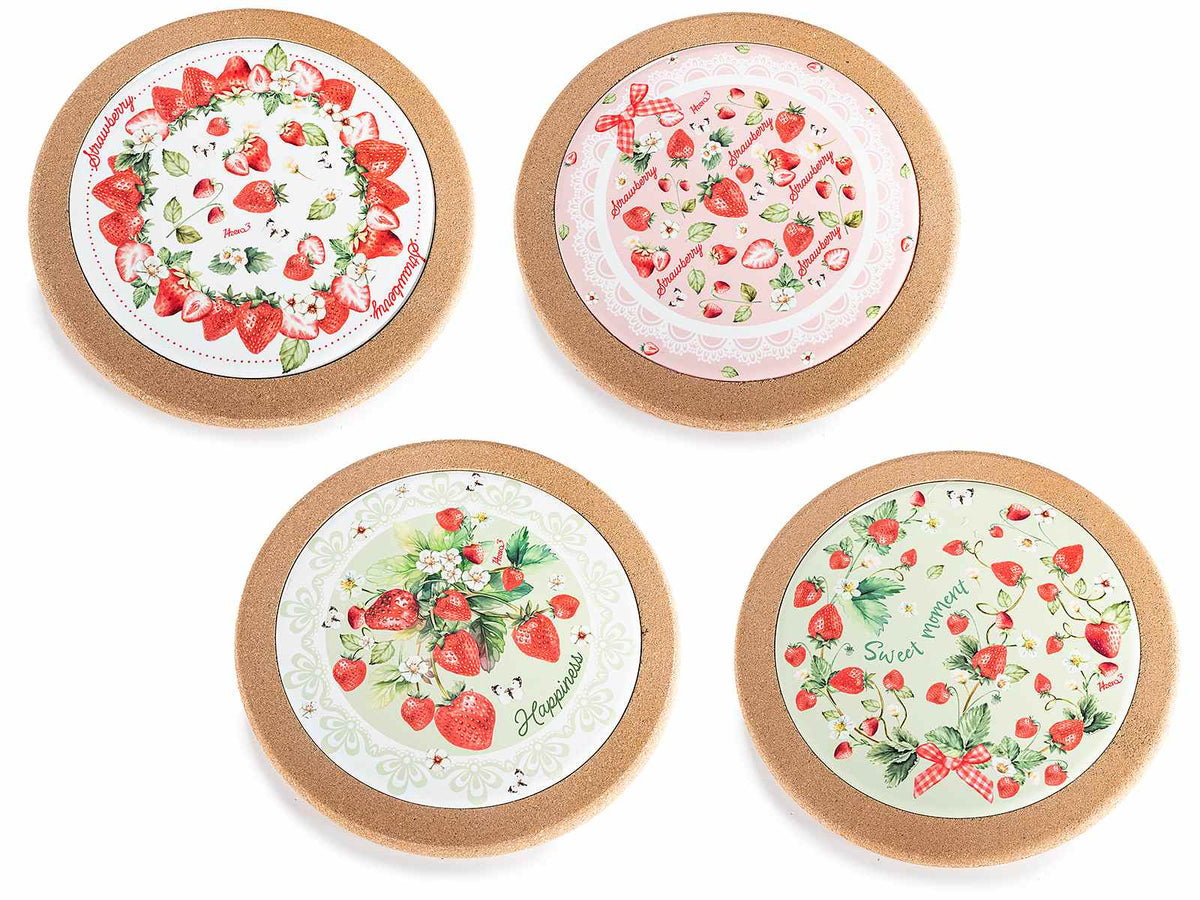 Sottopentola in ceramica con stampa fragoline, rilievi e base in sughero, set da 8 pezzi, Ø 20 cm