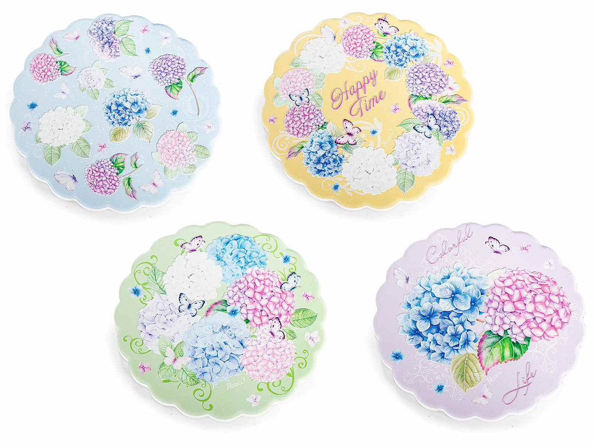 Sottopentola in ceramica colorata con base in sughero e decori ortensie, set da 8 pezzi, Ø 18 cm
