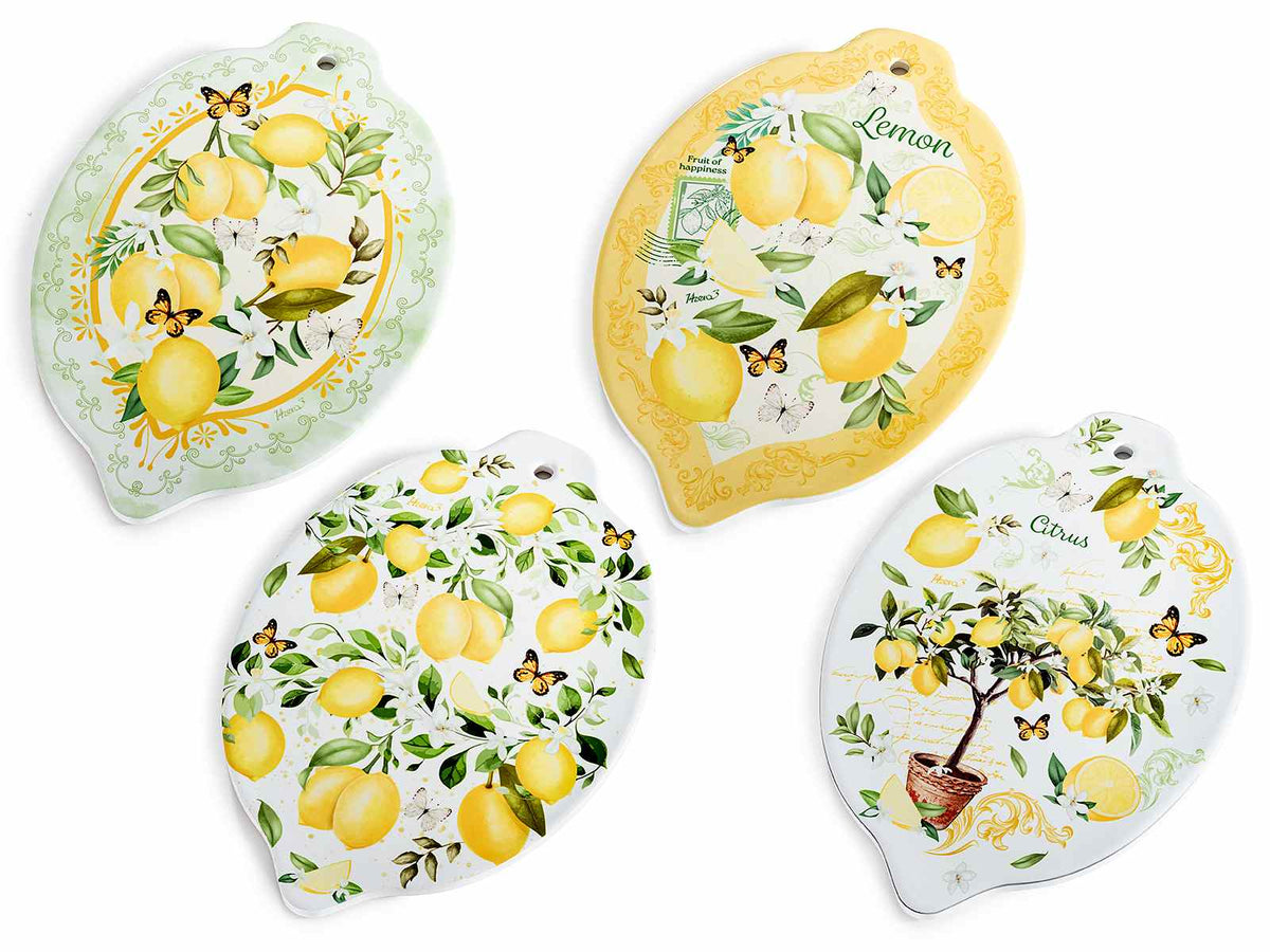 Sottopentola sagomato a limone in ceramica decorata con base in sughero, set da 8 pezzi, cm 15 x 21,5 H