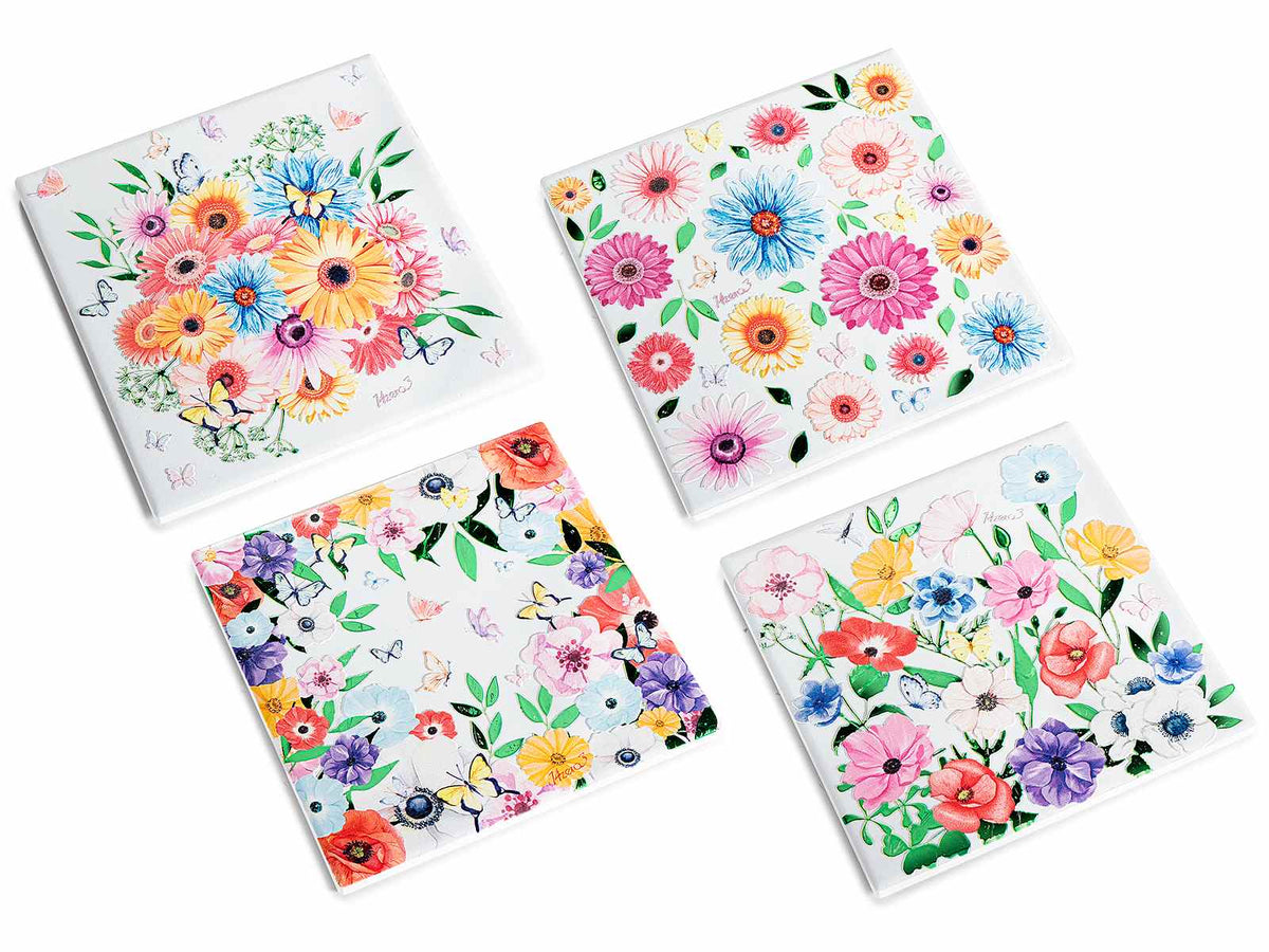Sottopentola in ceramica con base in sughero, decorazioni floreali e rilievi, set da 12 pezzi, cm 15 x 15 H