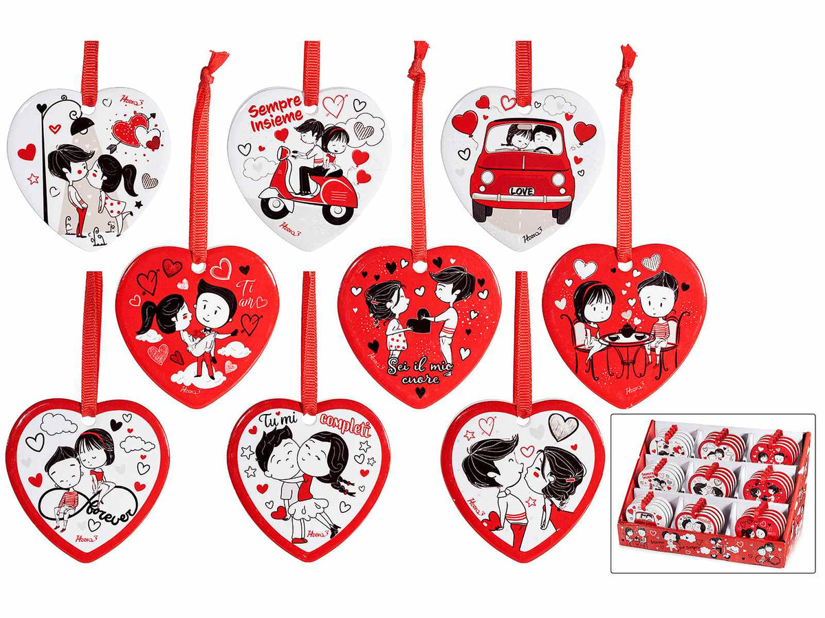 Cuori decorativi in ceramica con stampa innamorati e cordino da appendere, set da 36 pezzi, cm 6,5 x 6,5 H