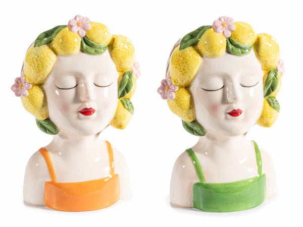 Vasi con volto di ragazza e ghirlanda di limoni in ceramica colorata lucida, set da 4 pezzi, cm 13 x 11,5 x 19 H