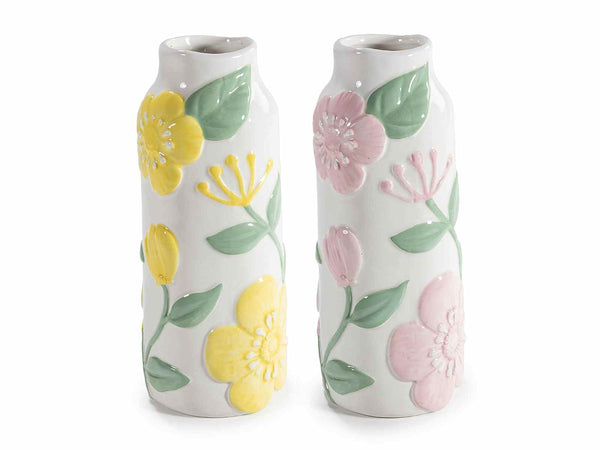 Vasi in ceramica con dettagli floreali colorati e in rilievo, set da 2 pezzi, Ø 9,5 cm x 22,5 H