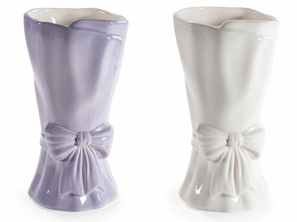 Vasi in ceramica colorata con fiocco e dettagli rilievo, set da 2 pezzi, Ø 11 cm x 21 H