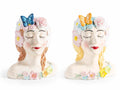 Vasi decorativi in ceramica a forma di volto di ragazza con corona di fiori, set da 4 pezzi, cm 11,5 x 9,5 x 14,5 H
