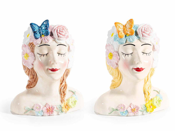 Vasi decorativi in ceramica a forma di volto di ragazza con corona di fiori, set da 4 pezzi, cm 11,5 x 9,5 x 14,5 H