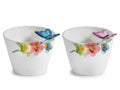 Vasi in ceramica con fiori e farfalle colorate in rilievo, set da 2 pezzi, cm 16 x 19 x 14,5 H