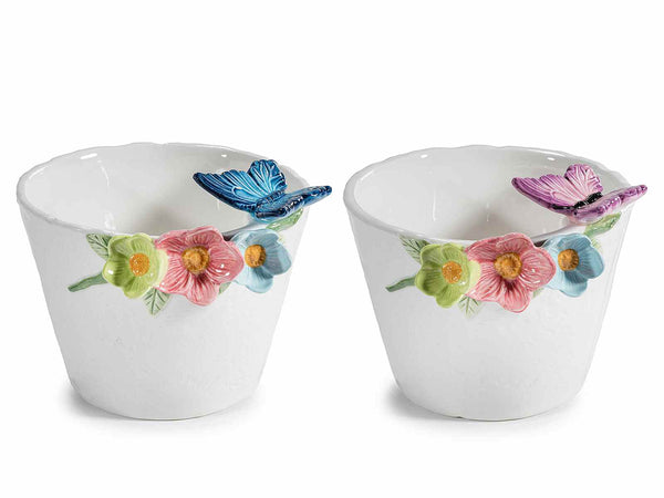 Vasi in ceramica con fiori e farfalle colorate in rilievo, set da 2 pezzi, cm 16 x 19 x 14,5 H