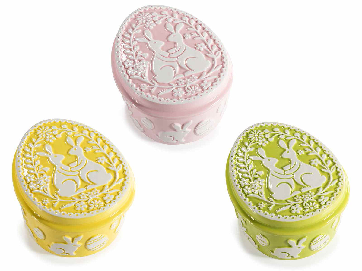 Contenitore in ceramica / biscottiera / portadolci a forma di uovo, set da 3 pezzi, cm 14 x 17 x 8,5 H